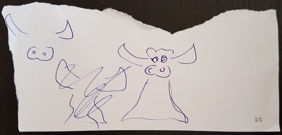 A doodle of a BULL, which, with a dress, also kind of looks like a boobylicious Angel.