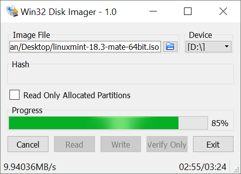 A screenshot of Win32 Disk Imager at work, writing Linux Mint 18.3 MATE 64bit to my SanDisk USB stick.